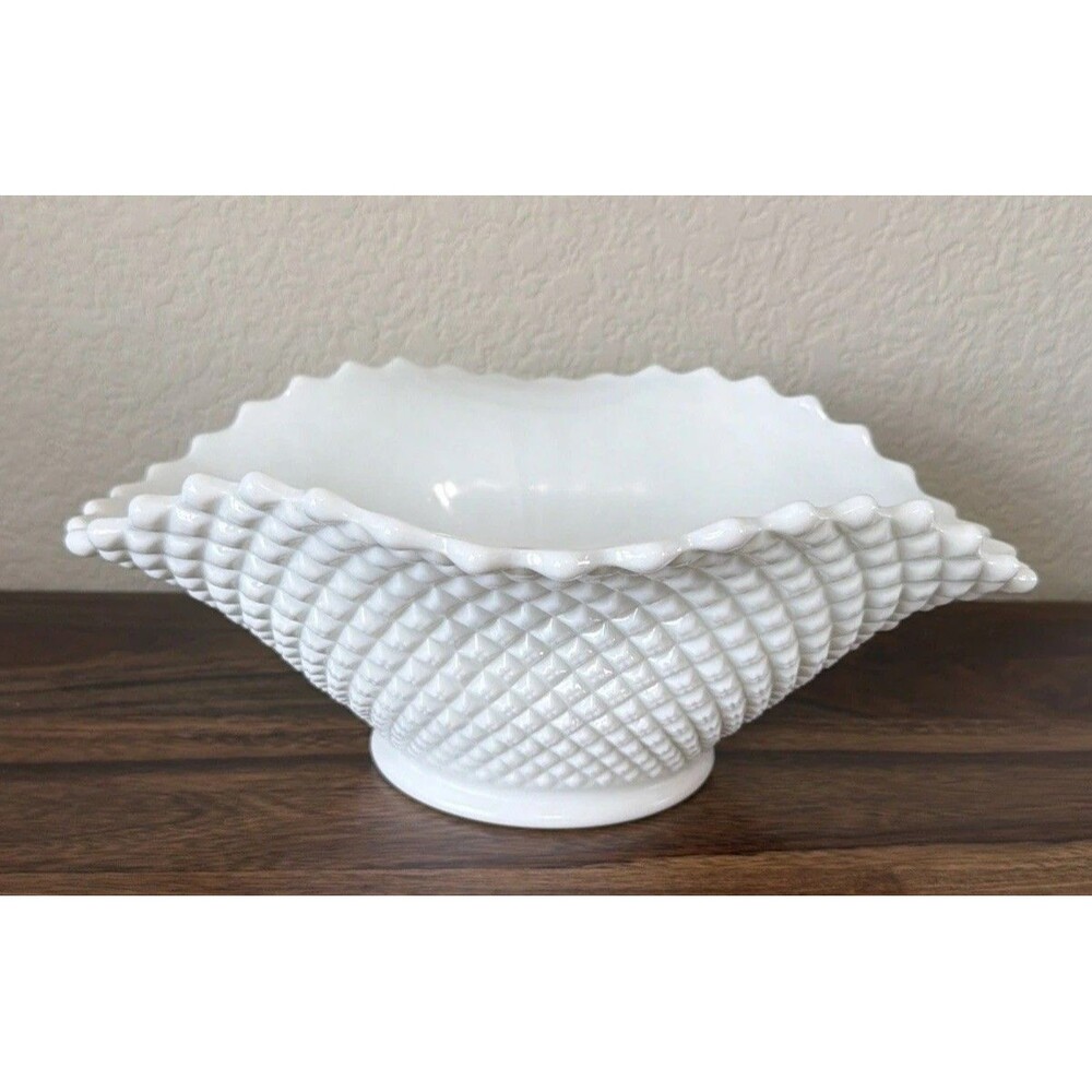 Westmoreland White Milk Glass Bowl EH-135 English Hobnail Oval Rolled 1950-1984